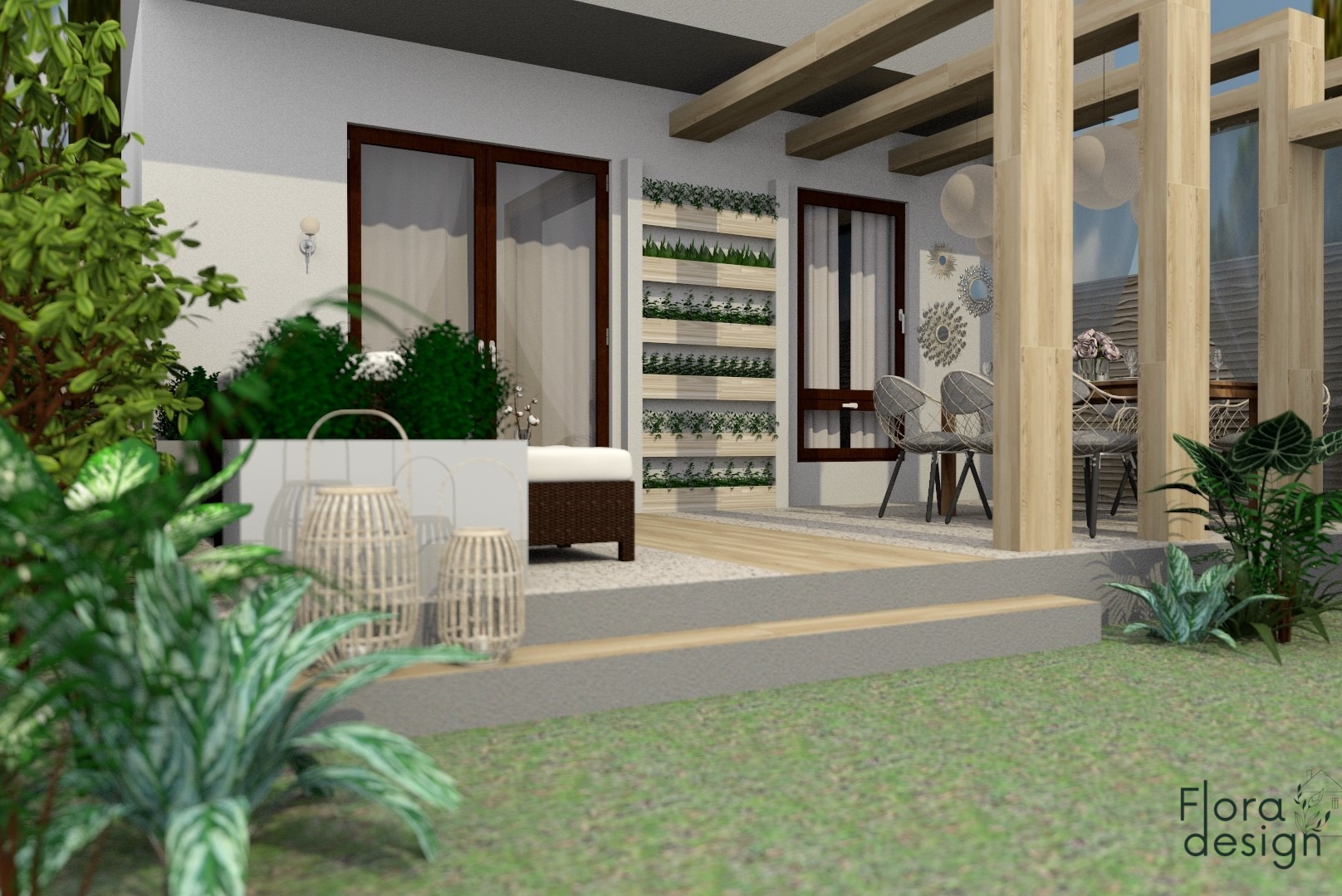 Nowoczesny taras przy domu z drewnianą pergolą, pionowym ogrodem w doniczkach, rattanowymi lampionami i minimalistycznymi meblami ogrodowymi.