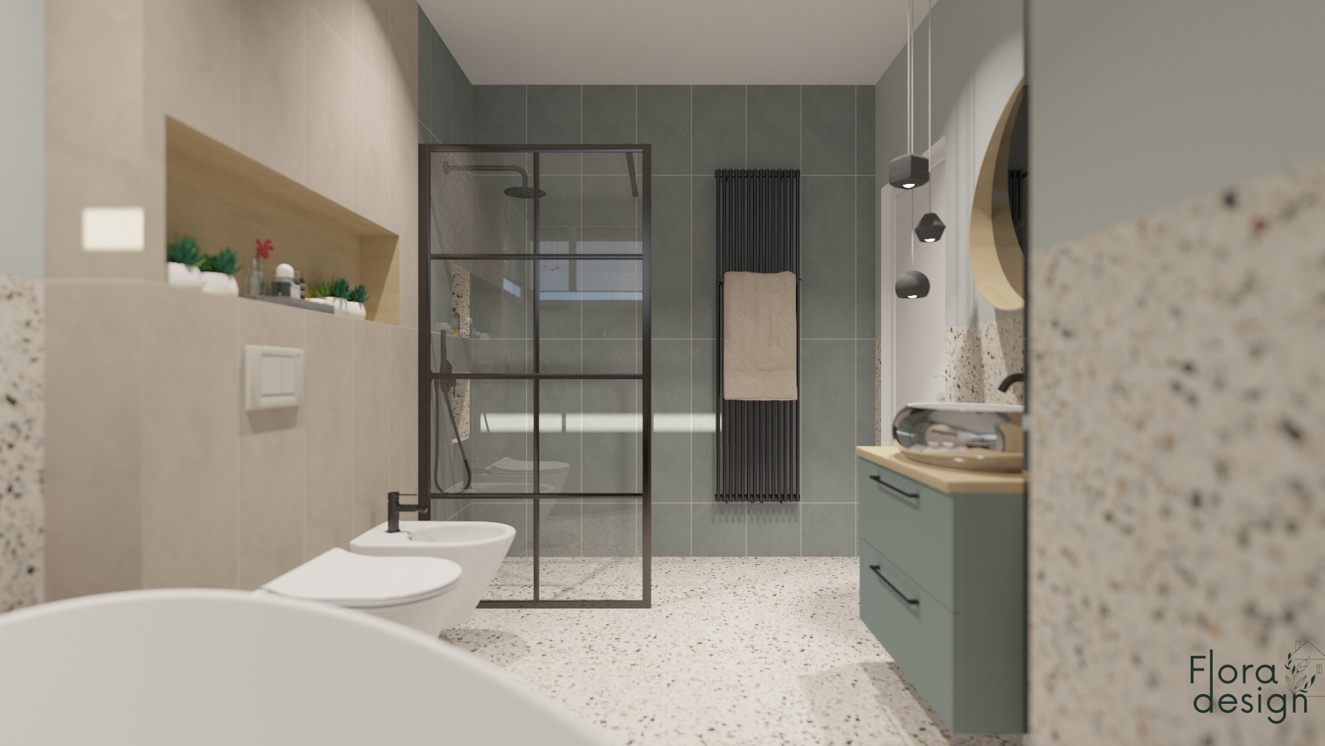 Przestronna pastelowa łazienka z wanną i prysznicem