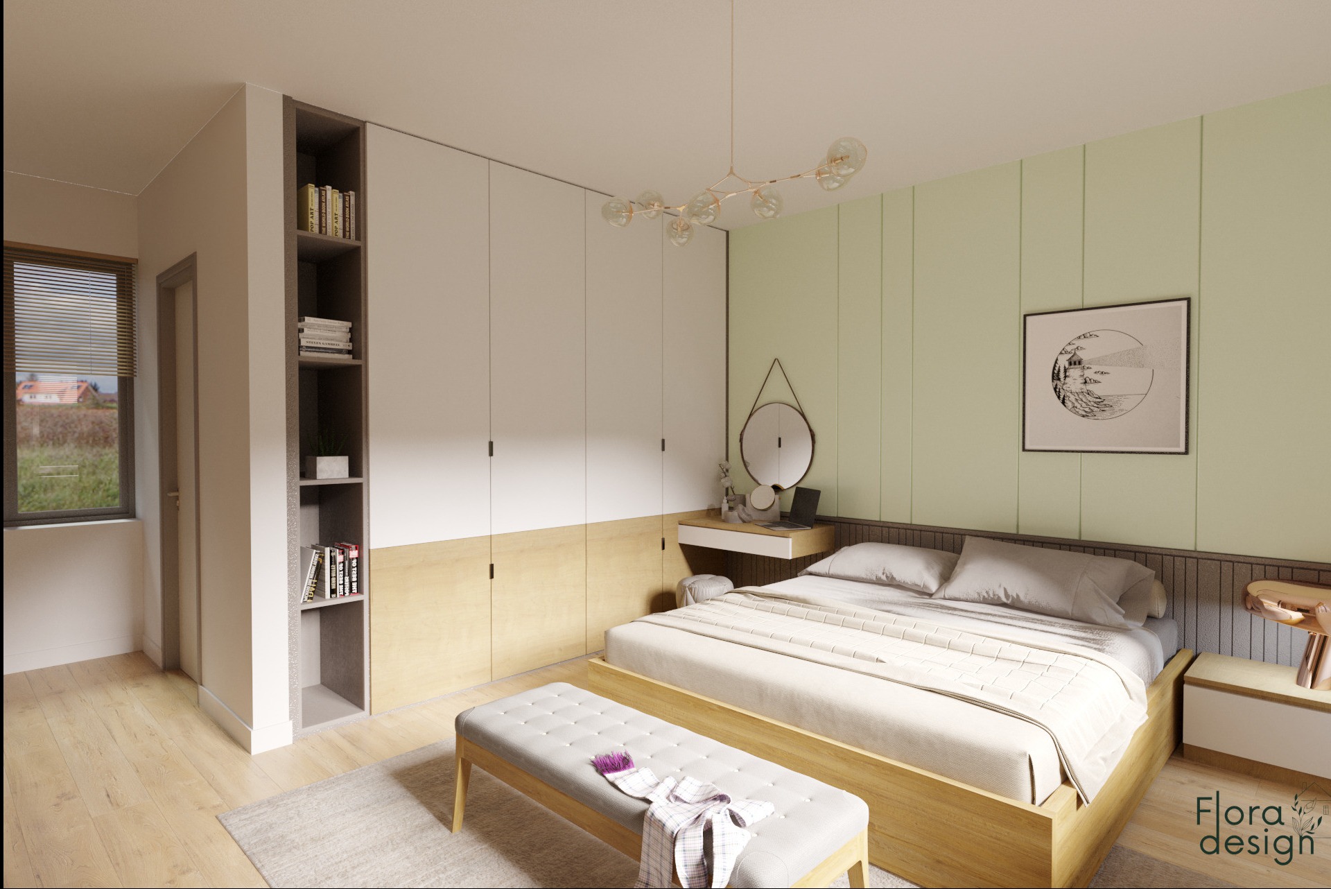 Miętowa sypialnia z ukrytą szafą i schowkami oraz małą toaletką