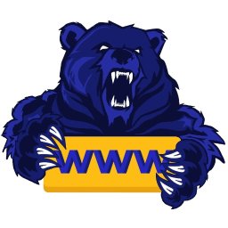 Adrian Tomera - WebGrizzly - Tworzenie Stron Internetowych & Marketing - Grafika wektorowa: Ryczący, granatowy niedźwiedź z ostrymi pazurami trzymający żółty prostokąt z niebieskim napisem WWW.