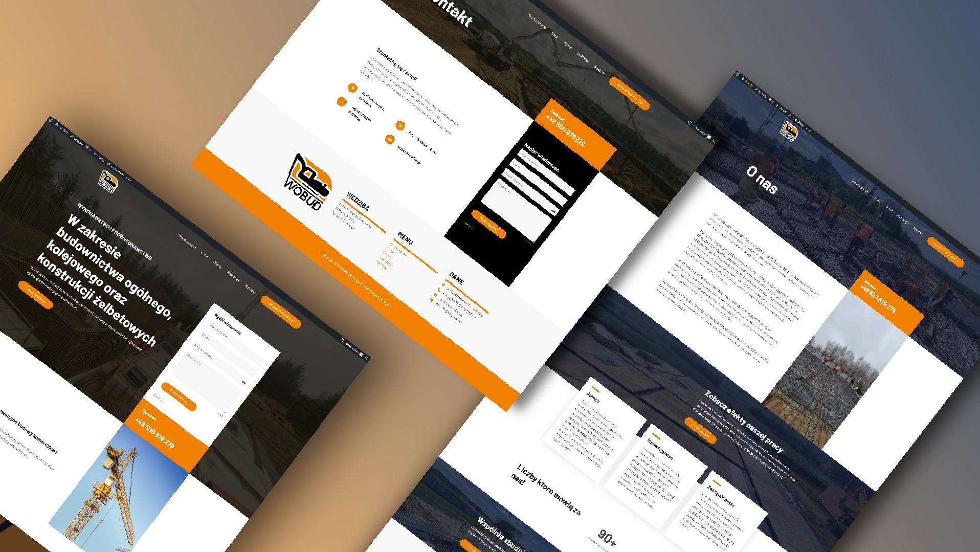 Ekrany laptopów prezentujące responsywny projekt strony internetowej firmy budowlanej WOBUD, z widocznymi sekcjami: 'O nas', 'Kontakt', 'Budownictwo ogólne' oraz numerem telefonu.