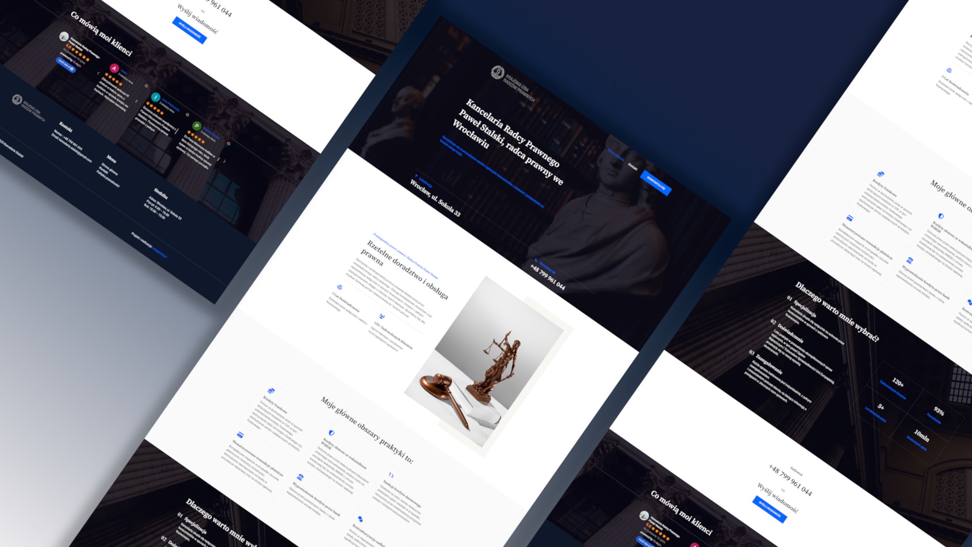 Responsywny projekt strony internetowej kancelarii prawnej z sekcjami: opinie klientów, dane kontaktowe, obszary praktyki, statuetka Temidy, adres i godziny otwarcia.