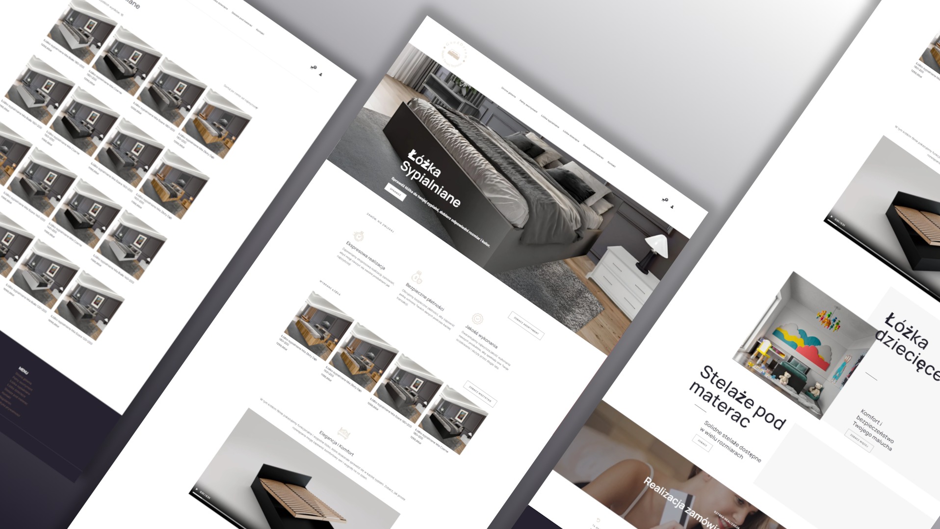 Prezentacja responsywnej strony internetowej z ofertą łóżek sypialnianych i dziecięcych, z widocznymi miniaturami produktów i informacjami o ekspresowej realizacji zamówień oraz bezpiecznych...