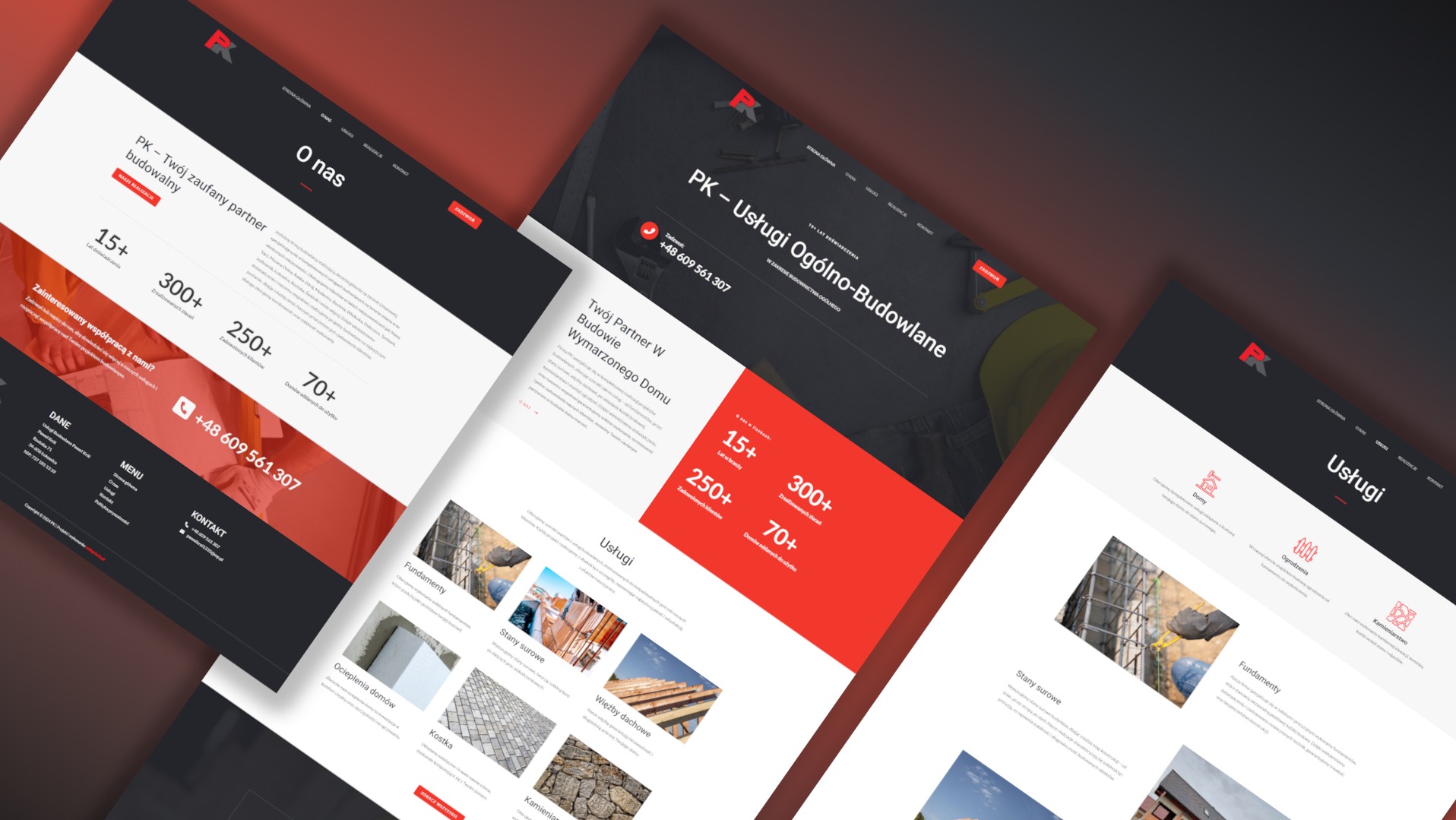 Prezentacja responsywnej strony internetowej firmy budowlanej na kilku ekranach laptopów, ukazująca różne sekcje takie jak 'O nas', 'Usługi' i dane kontaktowe, z wykorzystaniem czerwieni i szarości...