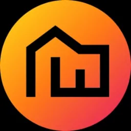 Stylizowany, czarny kontur domu wewnątrz okręgu z gradientem pomarańczowo-żółtym.