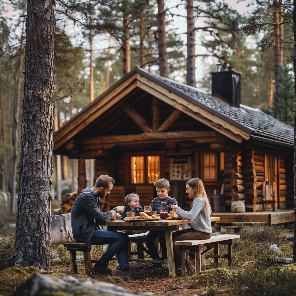 Rodzina z dwójką dzieci spożywa posiłek na drewnianym stole przed rustykalnym domkiem z bali w lesie sosnowym.
