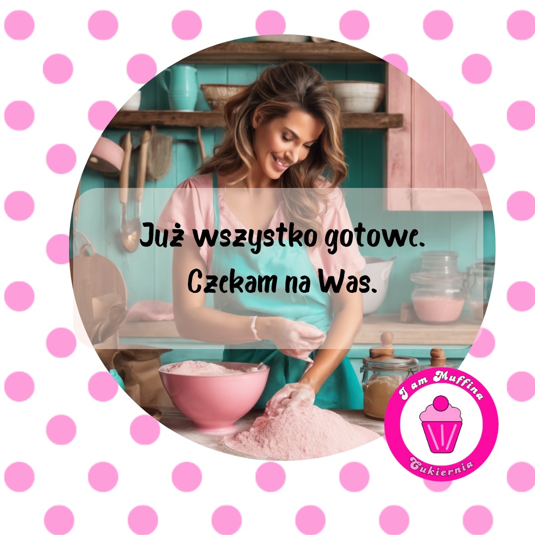 Uśmiechnięta kobieta w różowej bluzce i turkusowym fartuchu przygotowuje różowe ciasto w kuchni, za nią półki z naczyniami i słoikami, na dole logo cukierni z babeczką i napisem 'Już wszystko...