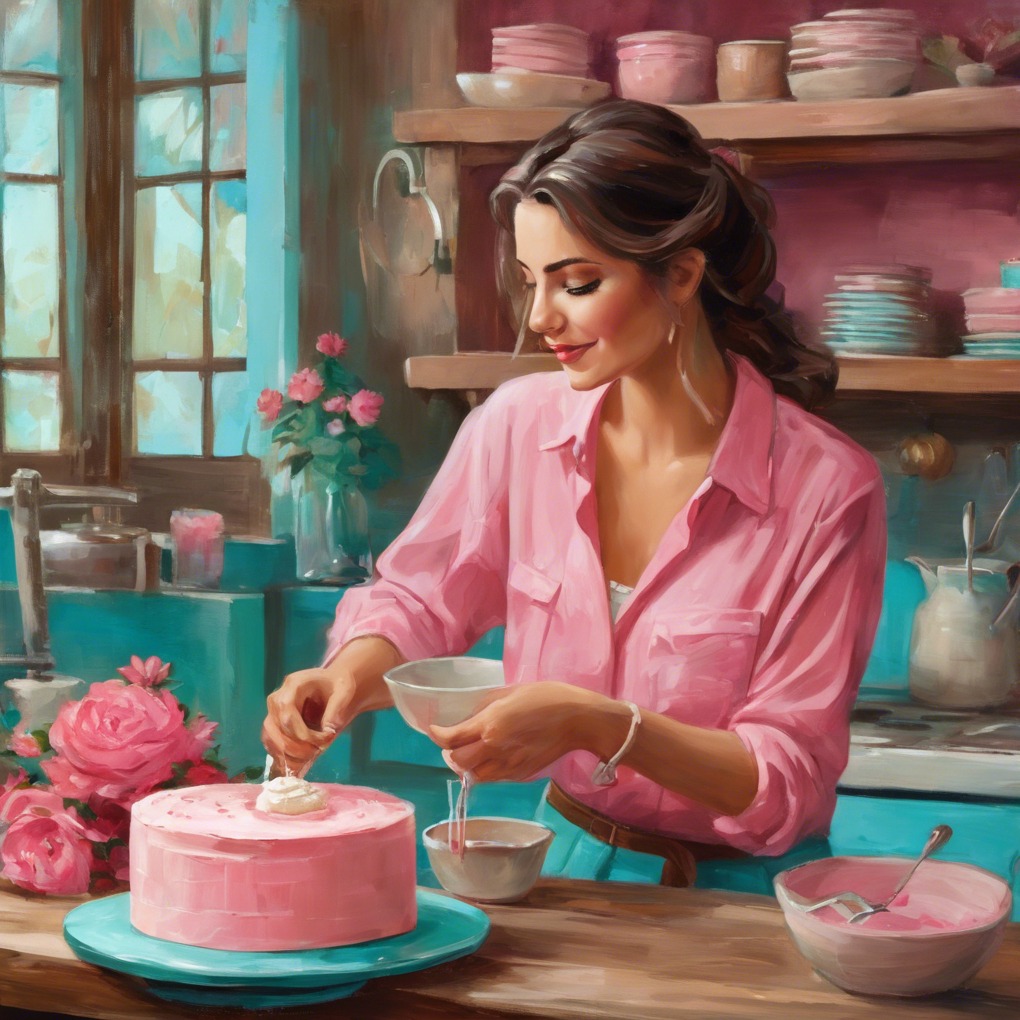 Kobieta w różowej koszuli dekoruje różowy tort kremem w pastelowej kuchni, z widocznymi różami i naczyniami.