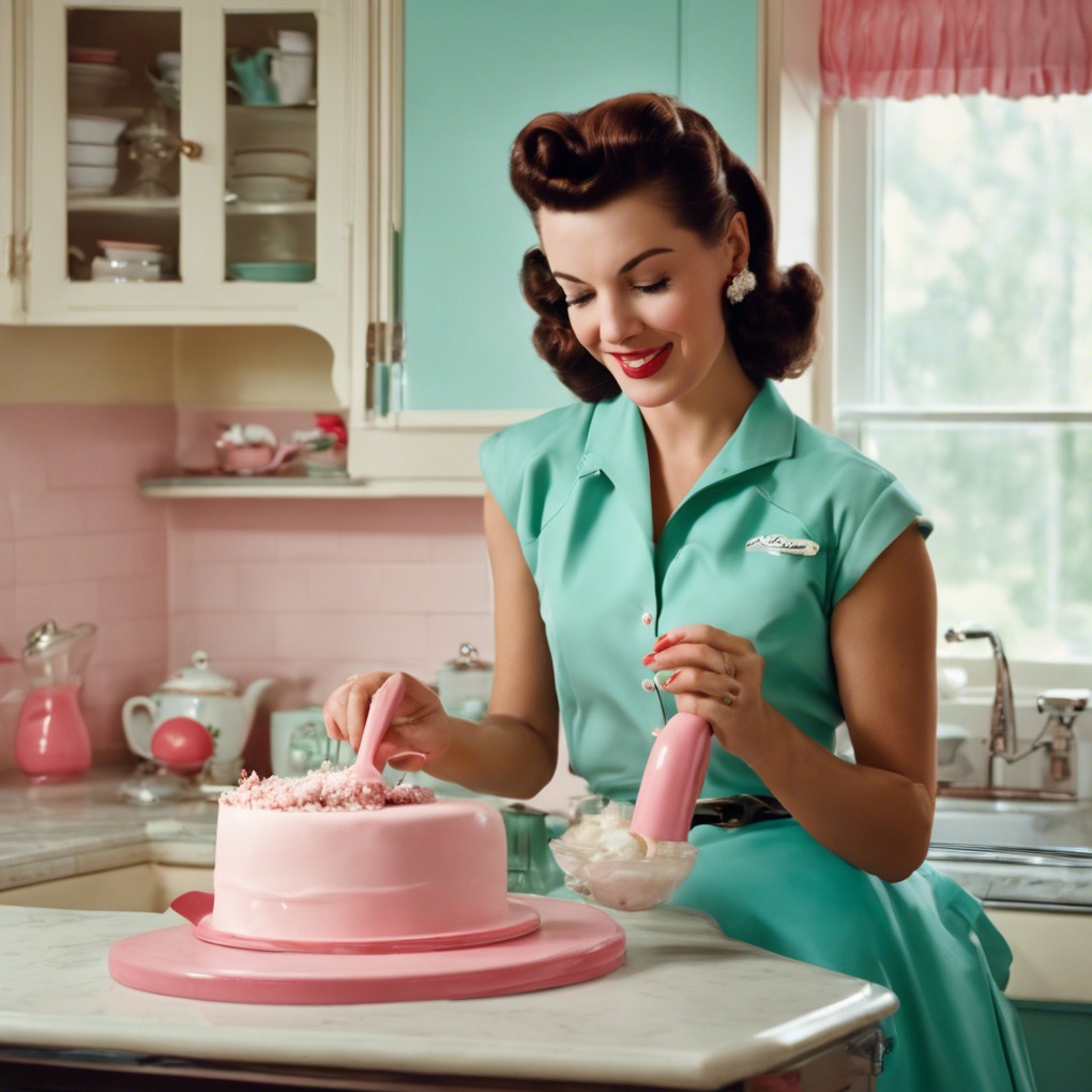 Kobieta w stylu retro dekoruje różowy tort kremem w kuchni o pastelowych kolorach.