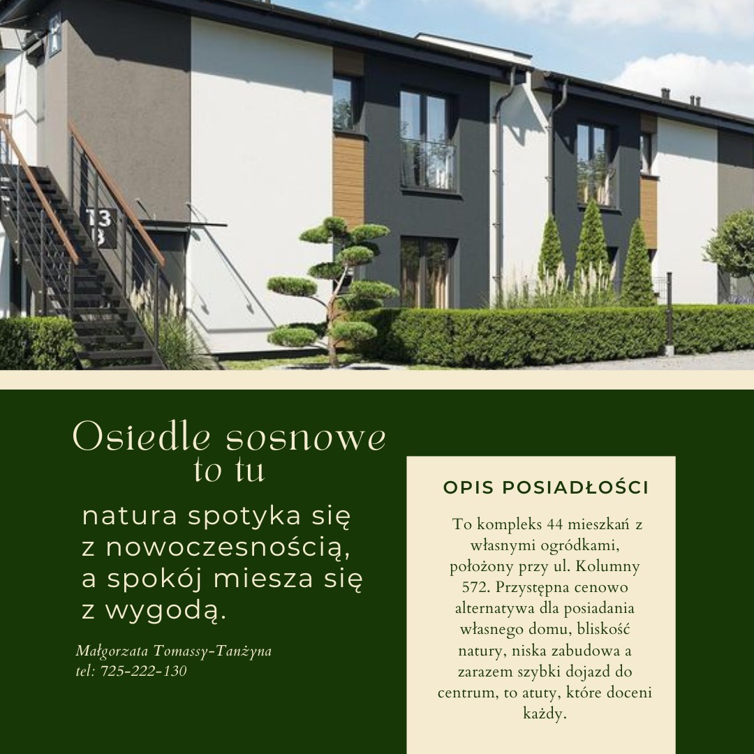 Wizualizacja osiedla domów szeregowych z numerem 13 na ścianie, niską zielenią i ozdobnym drzewkiem iglastym na pierwszym planie.