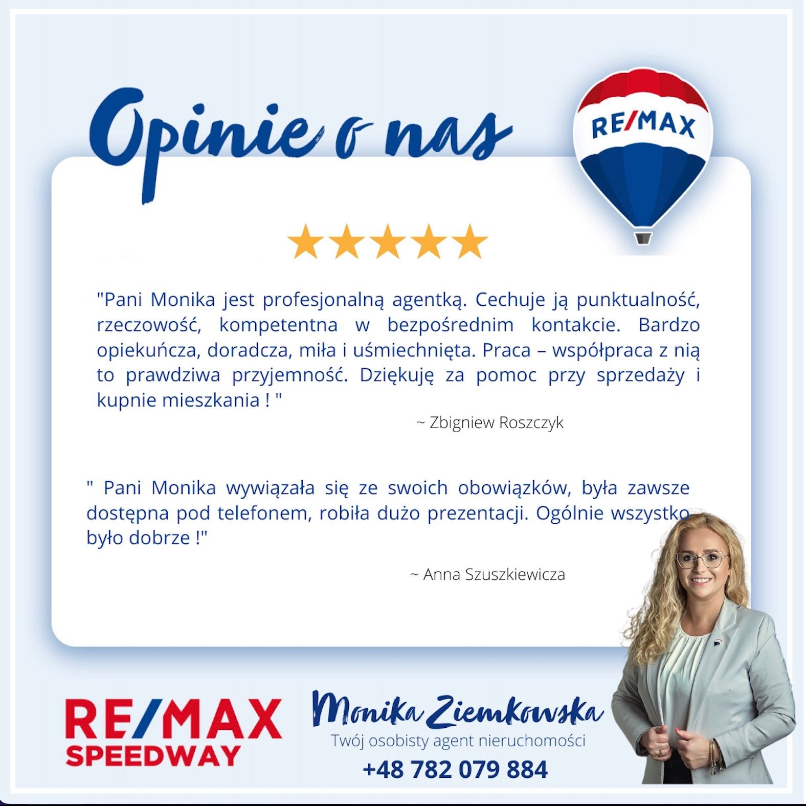Opinie klientów o agencji nieruchomości RE/MAX z portretem agentki Moniki Ziemkowskiej oraz danymi kontaktowymi.