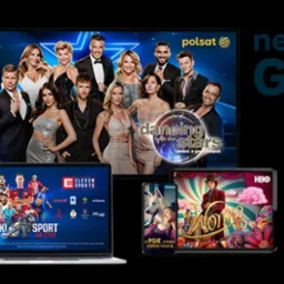 Multiple screens displaying streaming content: Polsat's 'Dancing with the Stars', Eleven Sports, HBO's 'Wonka', and a movie with a dog.