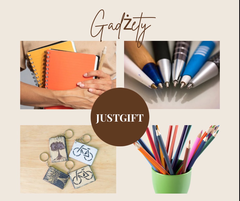 Kolaż prezentujący gadżety biurowe i upominki: notatniki w dłoniach, zbliżenie na końcówki długopisów, breloczki z motywami drzew i rowerów, kolorowe kredki w zielonym kubku, z napisem 'Gadżety' u...