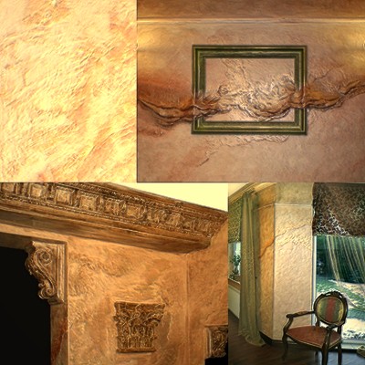 Kolaż prezentujący dekoracyjne wykończenie ścian w różnych odcieniach beżu i brązu, obejmujący fragment ściany z ozdobnym gzymsem, ścianę z pustą ramą, przez którą przechodzi dekoracyjna faktura...