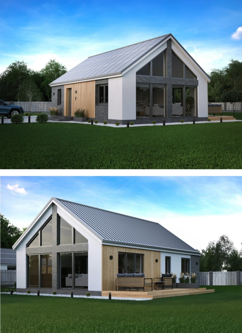Wizualizacja domu z dużymi oknami i drewnianą elewacją, otoczonego zielonym trawnikiem. Nowoczesny design z elementami cegły i jasną kolorystyką. Dwa ujęcia.