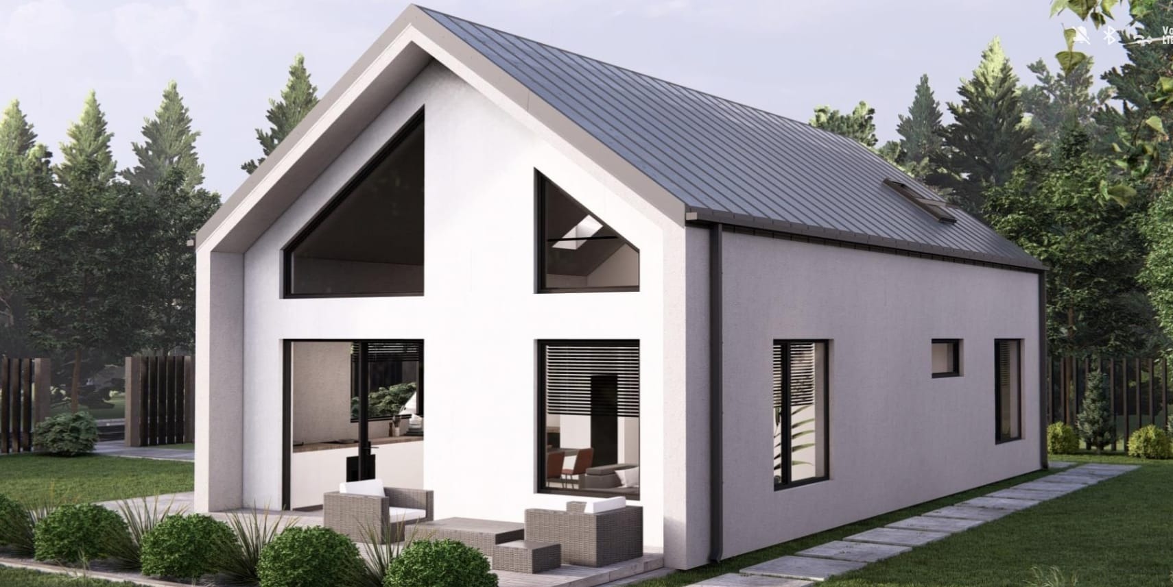 Nowoczesny dom z białymi ścianami i grafitowym dachem, z dużymi oknami i tarasem. Architektura minimalistyczna w otoczeniu zieleni.