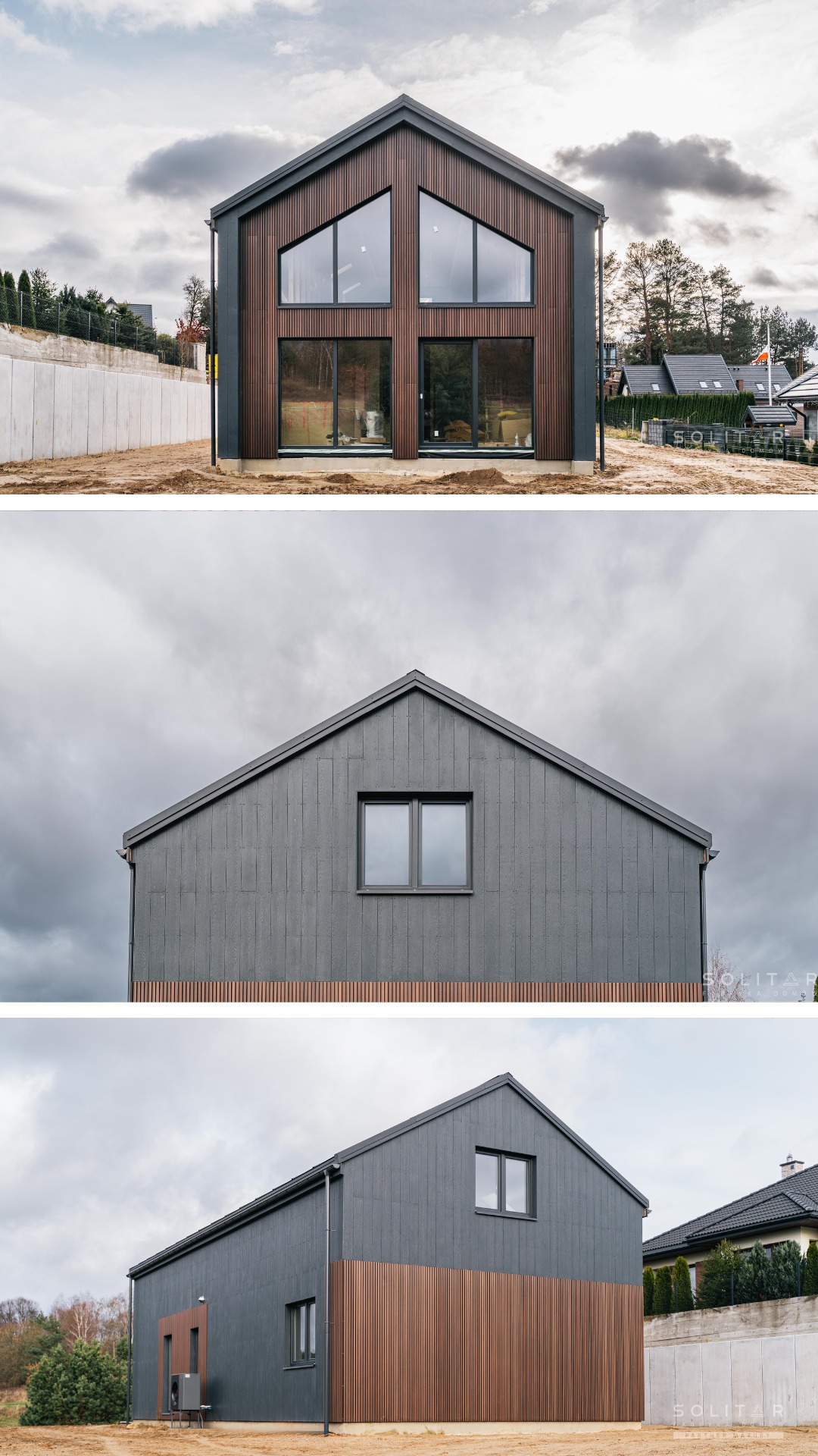 Nowoczesny dom z drewnianą elewacją i dużymi oknami, w tle szare niebo i betonowe ogrodzenie. Dom w stylu skandynawskim, z elementami minimalistycznymi.