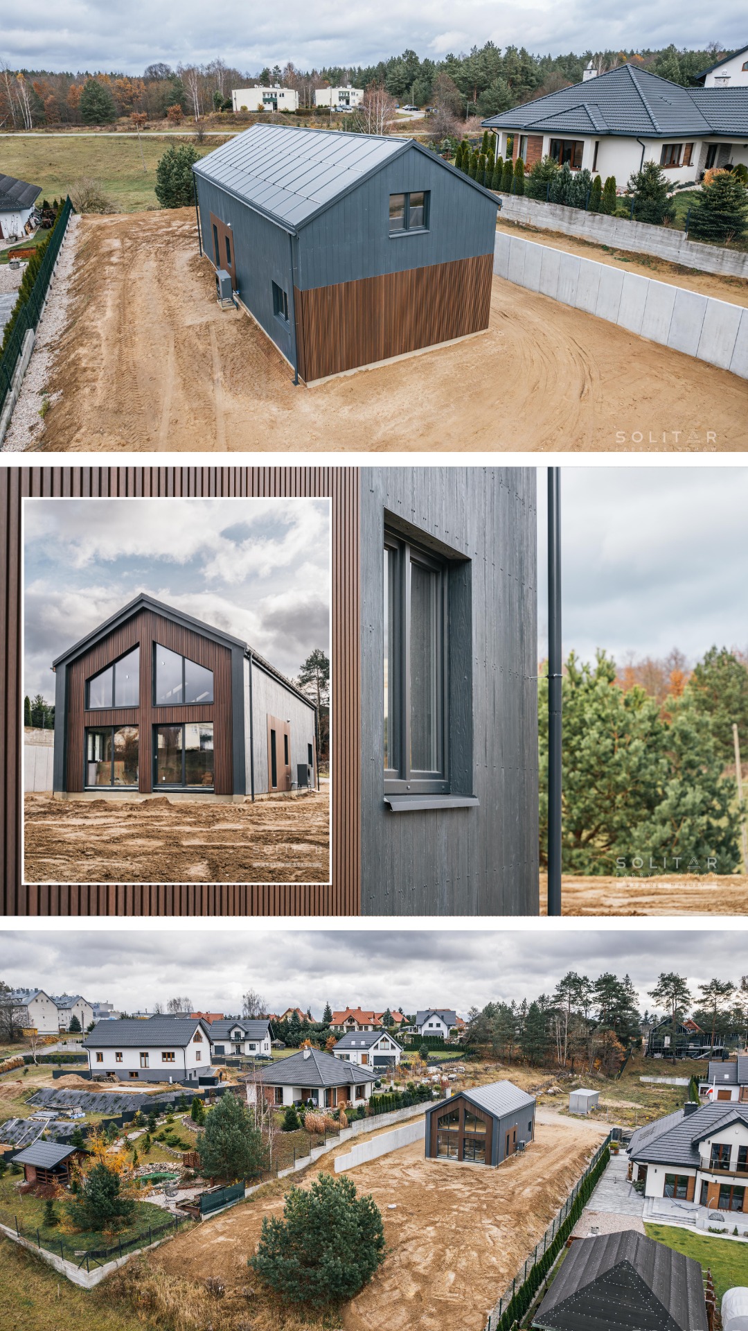 Nowoczesny dom z szarą elewacją i drewnianymi panelami, widok z góry, otoczony piaszczystym terenem i innymi domami. Pochmurne niebo.