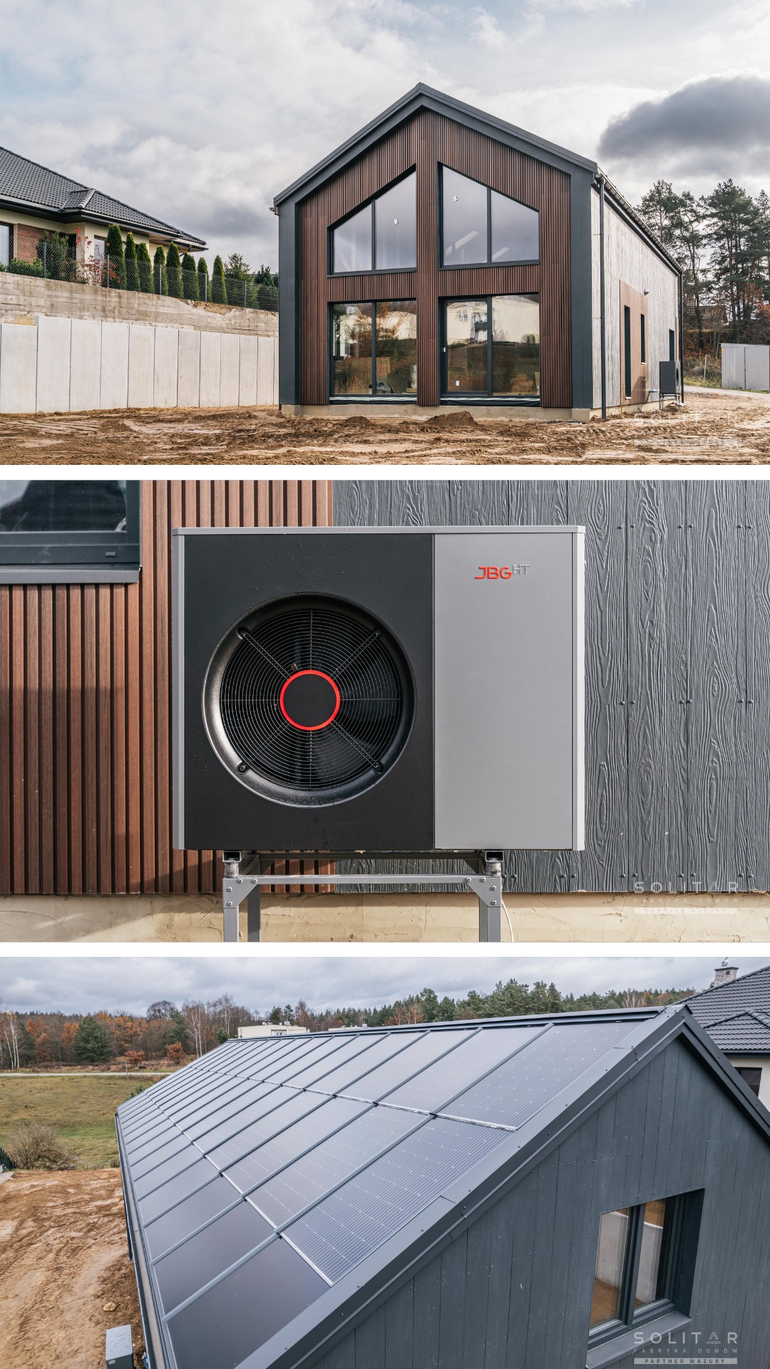 Nowoczesny dom z panelami słonecznymi na dachu i pompą ciepła. Elewacja z drewnianymi panelami w dwóch odcieniach brązu i szarości. Ujęcie z różnych perspektyw.