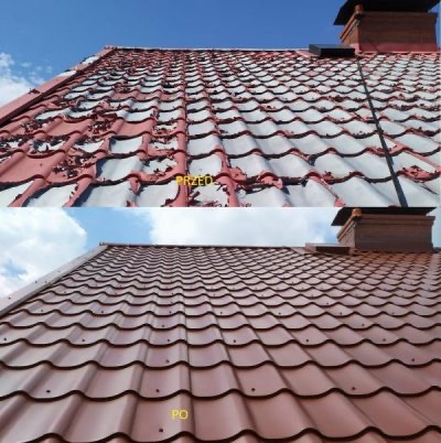 Porównanie stanu dachu przed i po renowacji: górna część zdjęcia ukazuje dach z odpryskującą farbą, dolna część prezentuje odnowiony, brązowy dach z blachy trapezowej, widoczny komin.