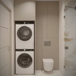 Wizualizacja łazienki w Koszalinie z pralką i suszarką w zabudowie, wiszącą miską WC i kabiną prysznicową z marmurowymi płytkami.