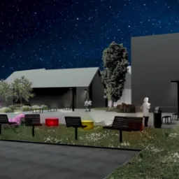 Wizualizacja placu miejskiego z budynkami usługowymi w tle, nocne oświetlenie, dziecko na rowerku biegowym, ławki i zieleń.