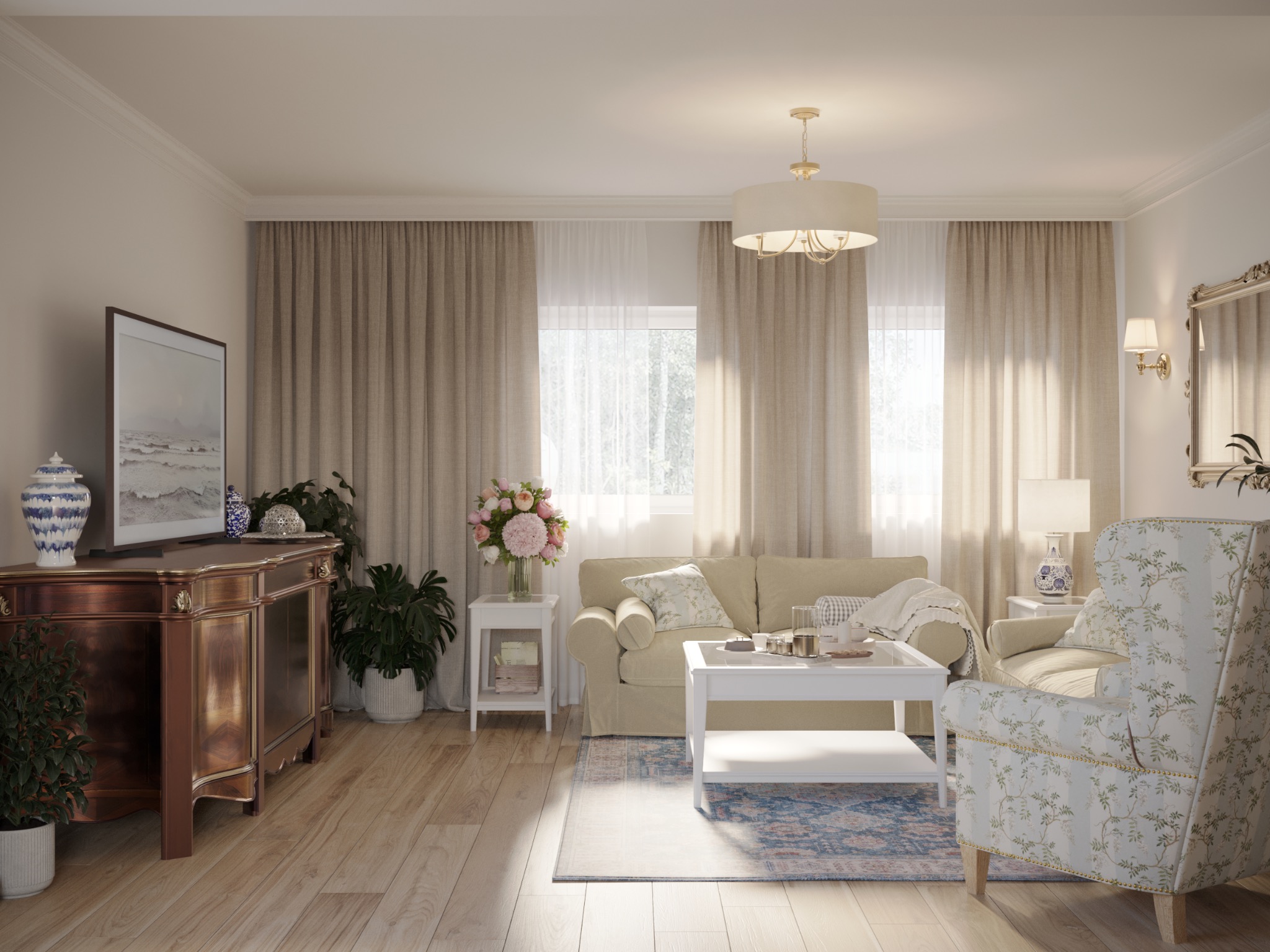 Jasny salon w stylu klasycznym z drewnianą podłogą, beżową sofą, wzorzystym fotelem typu uszak, białym stolikiem kawowym i komodą z telewizorem, udekorowany kwiatami i bibelotami.