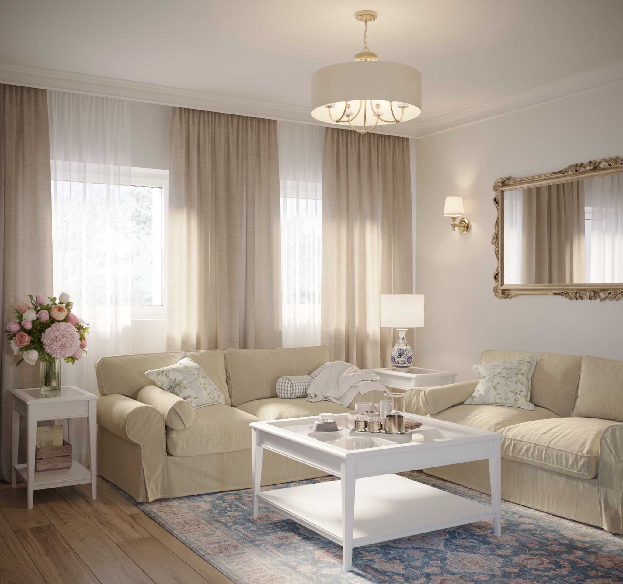 Jasny salon w stylu klasycznym z beżową sofą, białym stolikiem kawowym i dywanem w odcieniach niebieskiego, uzupełniony kwiatami w wazonie i lustrem w ozdobnej ramie.