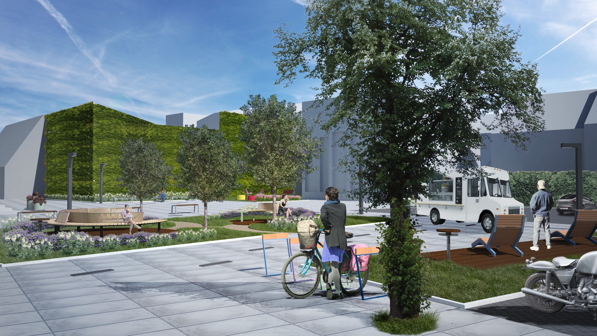 Wizualizacja projektu zagospodarowania przestrzeni publicznej z zieloną ścianą, food truckiem, ławkami, rabatami kwiatowymi i osobami, prezentująca koncepcję urbanistyczną.