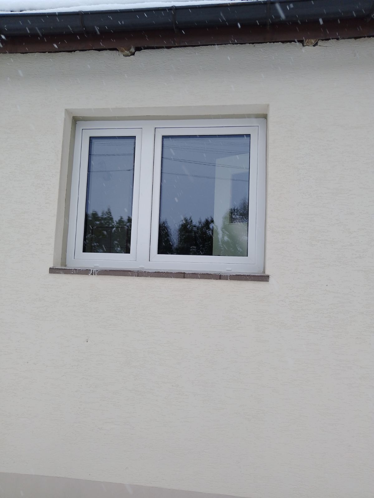 Dwukomorowe okno z białymi ramami, widoczne z zewnątrz, w trakcie opadów śniegu, z odbiciem drzew w szybach.