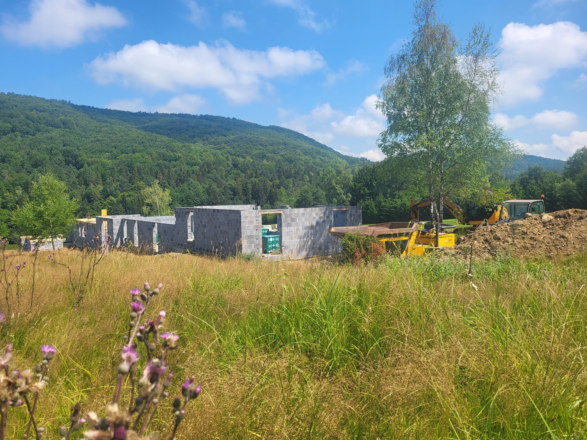 Wznoszone mury domu z betonu komórkowego na tle zalesionych wzgórz i błękitnego nieba z chmurami, na pierwszym planie wysoka trawa i kwiaty, obok budynku stoi żółta koparka.