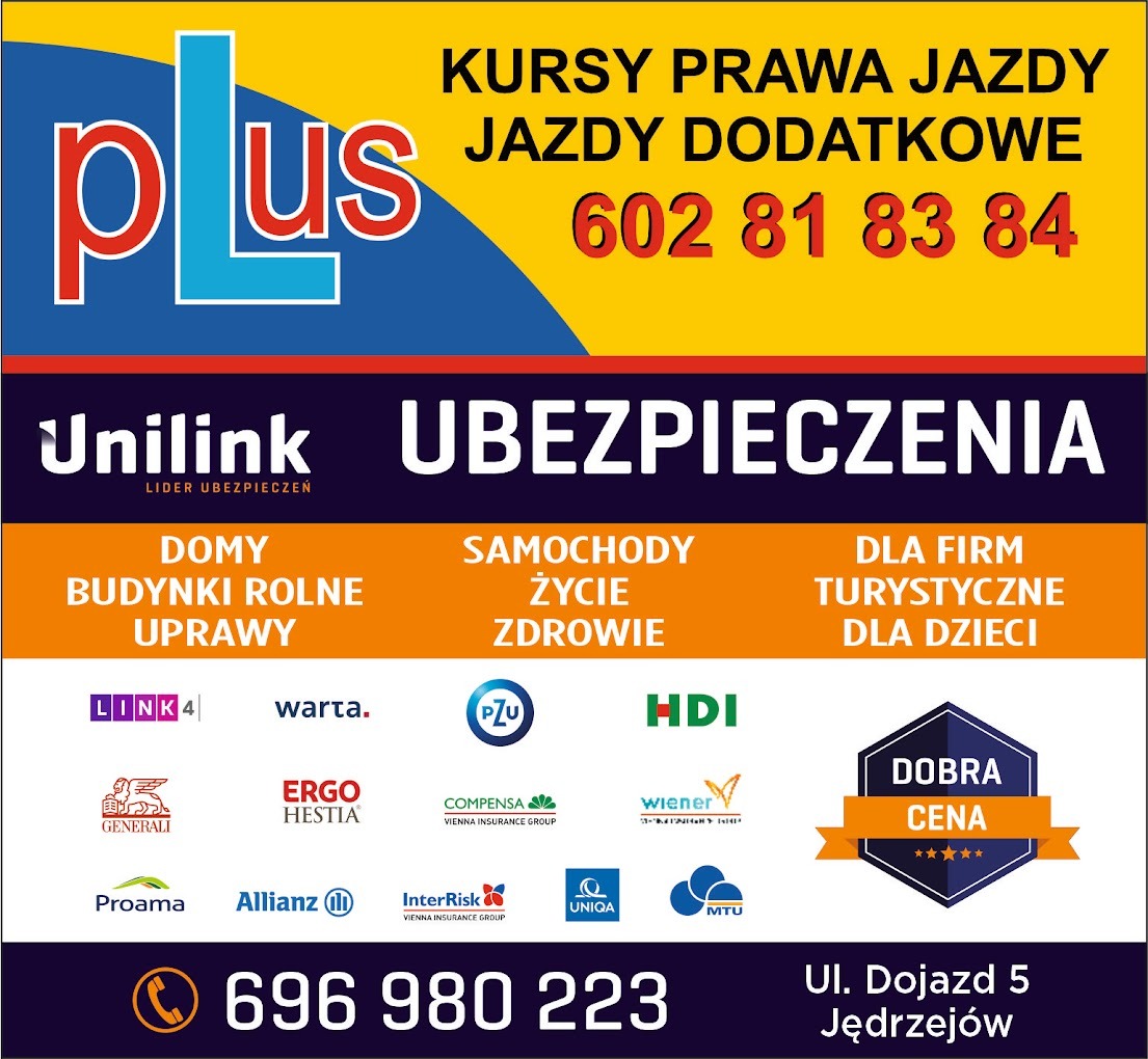 Kolorowa tablica reklamowa z ofertą kursów prawa jazdy i ubezpieczeń, prezentująca logo Unilink oraz logotypy różnych towarzystw ubezpieczeniowych, z numerem telefonu i adresem.