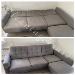 Cleaningbydgoszcz - Zdjęcie przedstawia kanapę narożną przed i po praniu. Górna część ukazuje widoczne plamy, a dolna czystą, odświeżoną tapicerkę w szarym odcieniu.