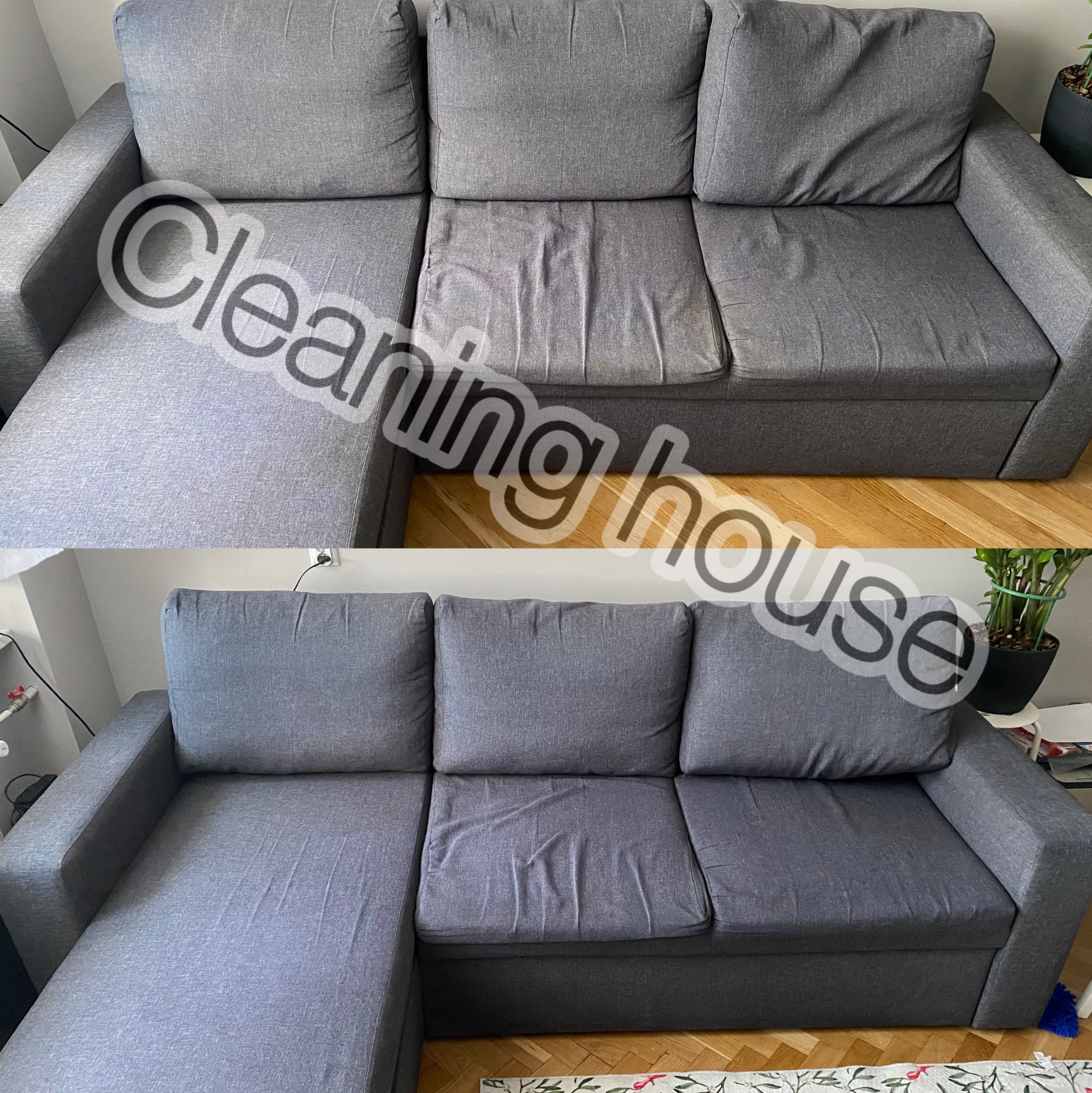 Szara kanapa modułowa przed i po czyszczeniu, widoczne różnice w odcieniu i plamy na siedzisku przed zabiegiem, na parkiecie w tle wzorzysty dywanik.