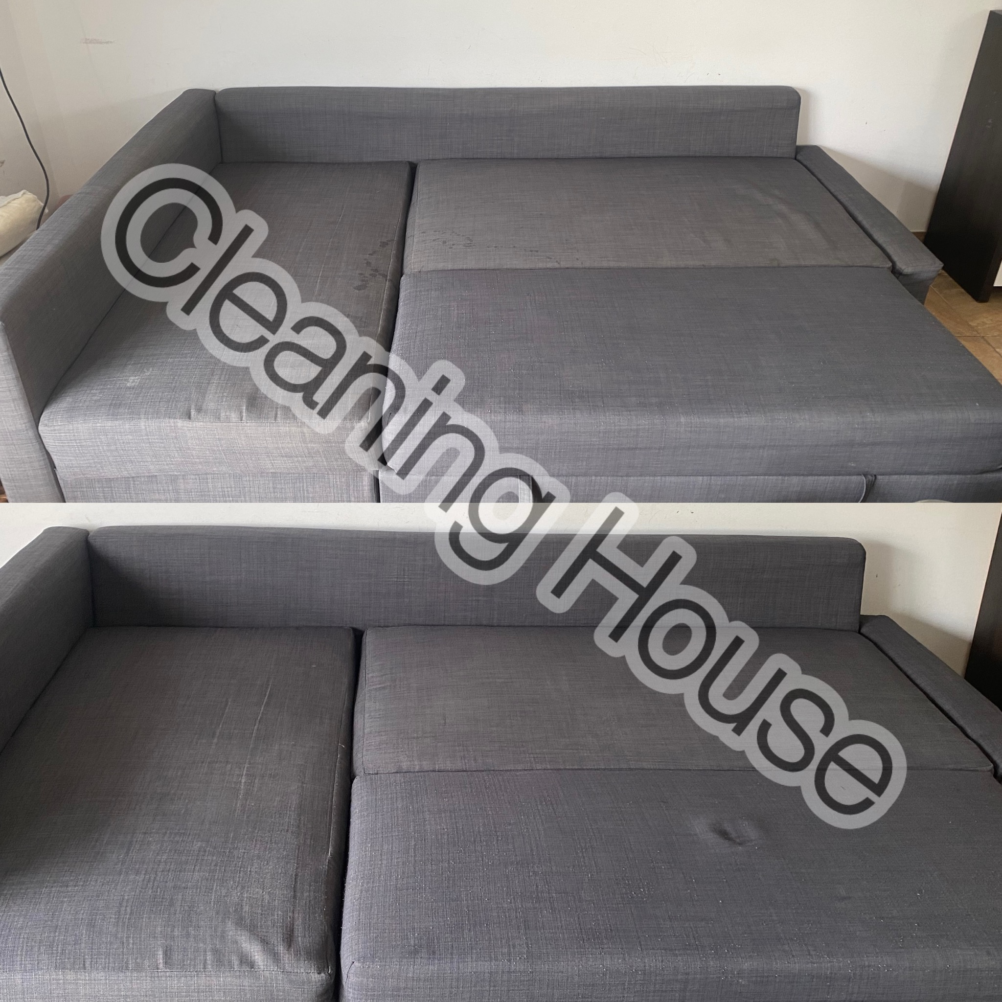 Szara, rozkładana kanapa w układzie 'przed i po' czyszczeniu. Górna część pokazuje zabrudzenia, dolna - efekt po usunięciu plam. Widoczne detale tkaniny.