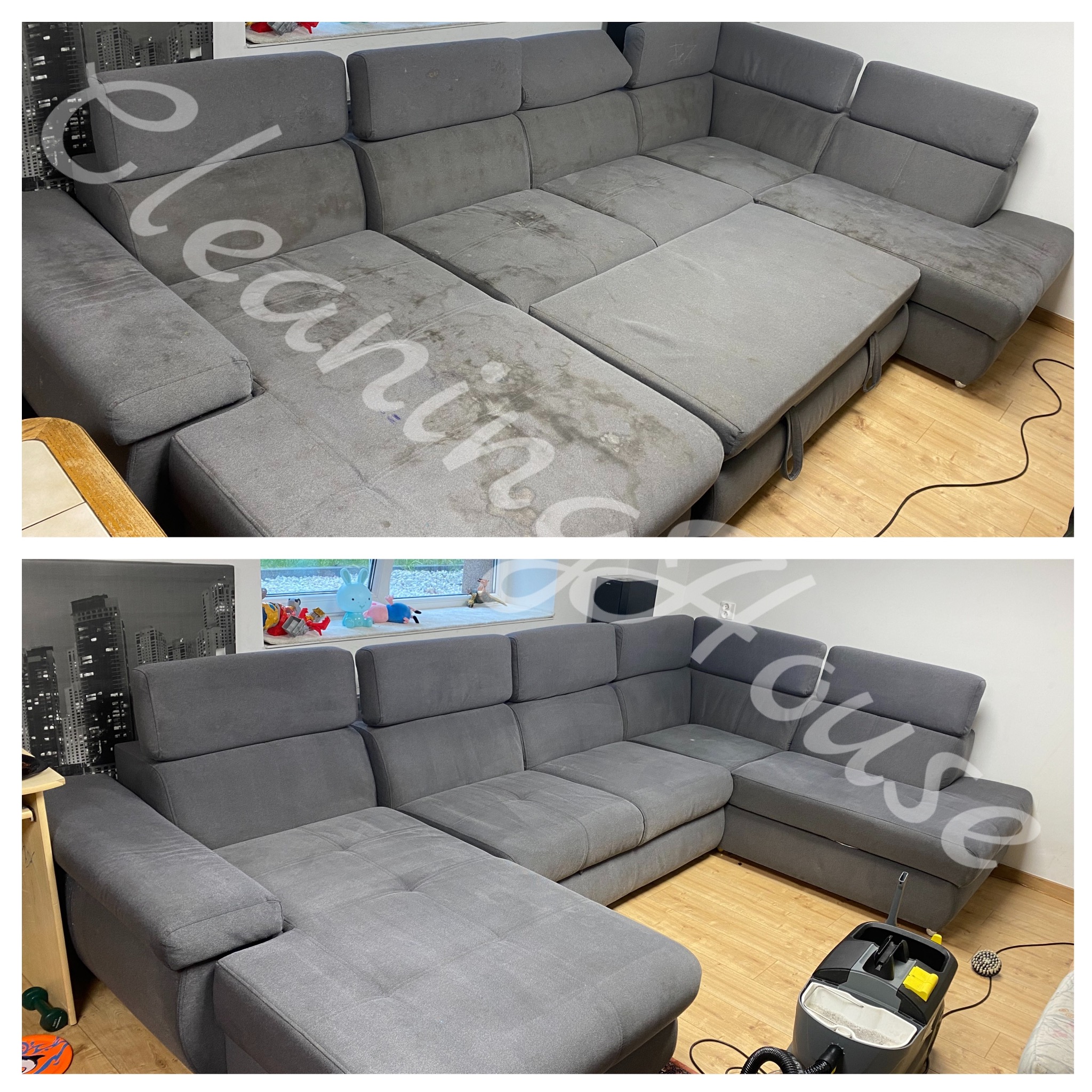 Szara narożna kanapa przed i po czyszczeniu. Górna część kadru pokazuje zabrudzenia, dolna – efekt po zabiegu z odkurzaczem piorącym.