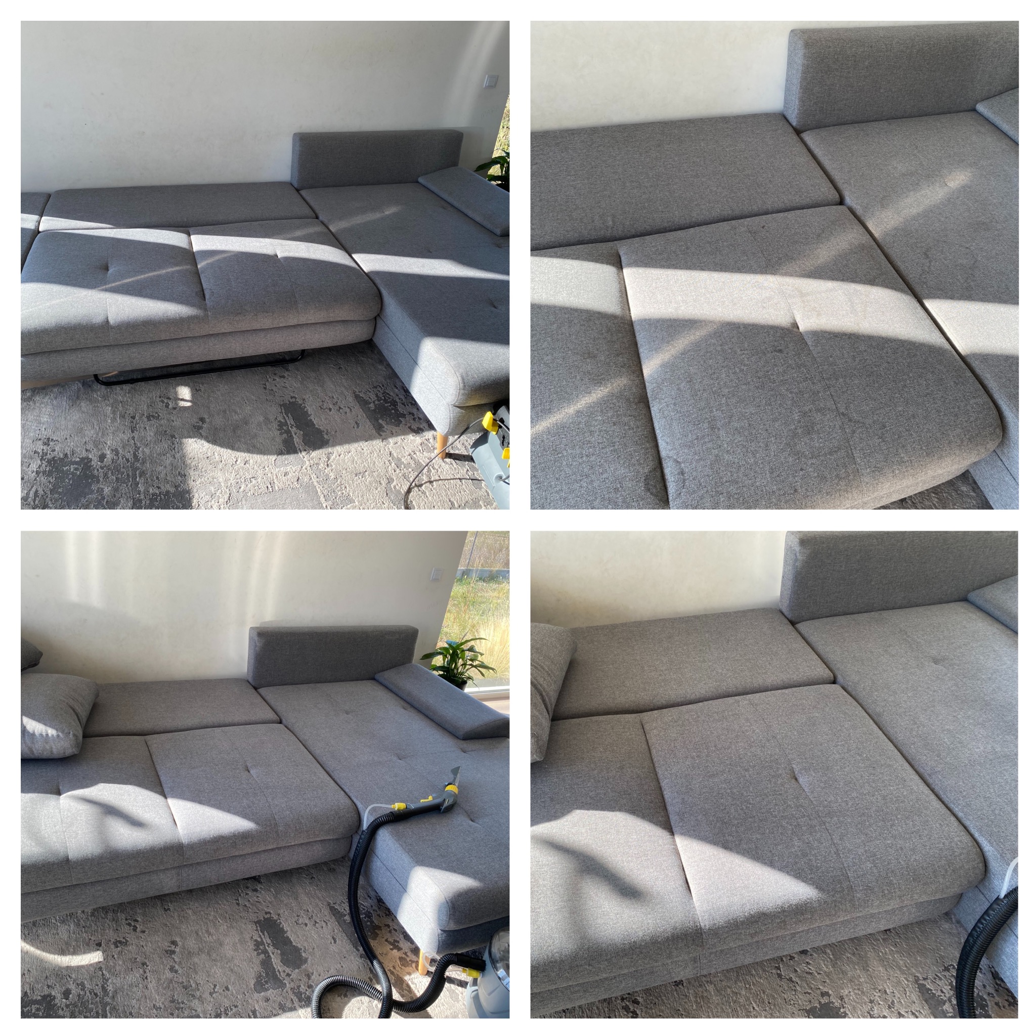 Szara, modułowa kanapa narożna podczas czyszczenia ekstrakcyjnego. Widoczny fragment urządzenia czyszczącego z dyszą na tapicerce, w jasnym, słonecznym wnętrzu.