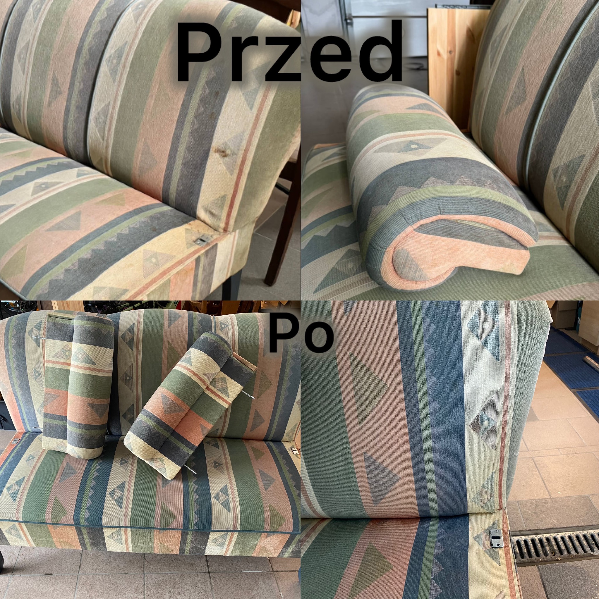 Kanapa w geometryczne wzory, ujęcie 'przed i po' czyszczeniu w Bydgoszczy. Widoczne różnice w kolorze i czystości tapicerki.
