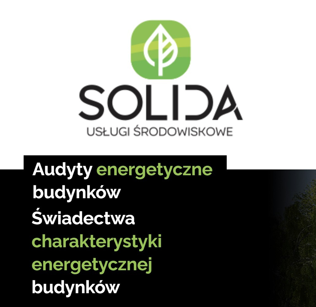 Logo firmy Solida Usługi Środowiskowe z zielonym symbolem liścia, poniżej hasła Audyty energetyczne budynków, Świadectwa charakterystyki energetycznej budynków.