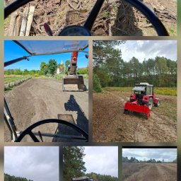 Jakub Wawrzynowicz - Kolaż zdjęć z prac ziemnych: traktor z łyżką nabiera korzenie, wyrównany teren, czerwony traktor na polu i na kostce brukowej, widok z kabiny na pole.