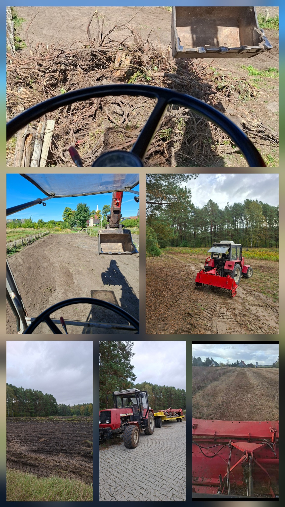 Kolaż zdjęć z prac ziemnych: traktor z łyżką nabiera korzenie, wyrównany teren, czerwony traktor na polu i na kostce brukowej, widok z kabiny na pole.
