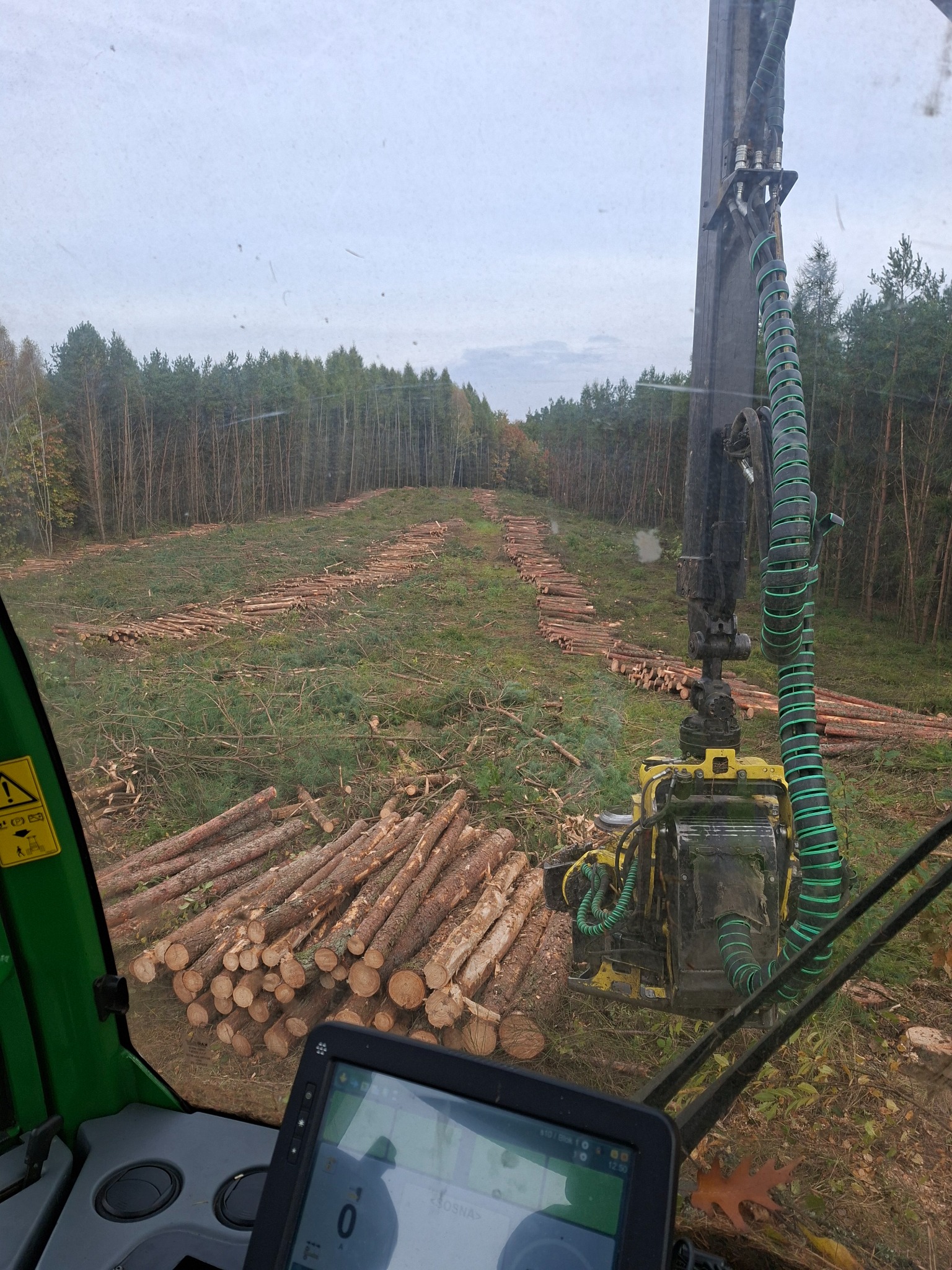 Widok z kabiny maszyny leśnej na obszar po wycince drzew, z ułożonymi stosami pni. W tle widoczny las i pochmurne niebo.