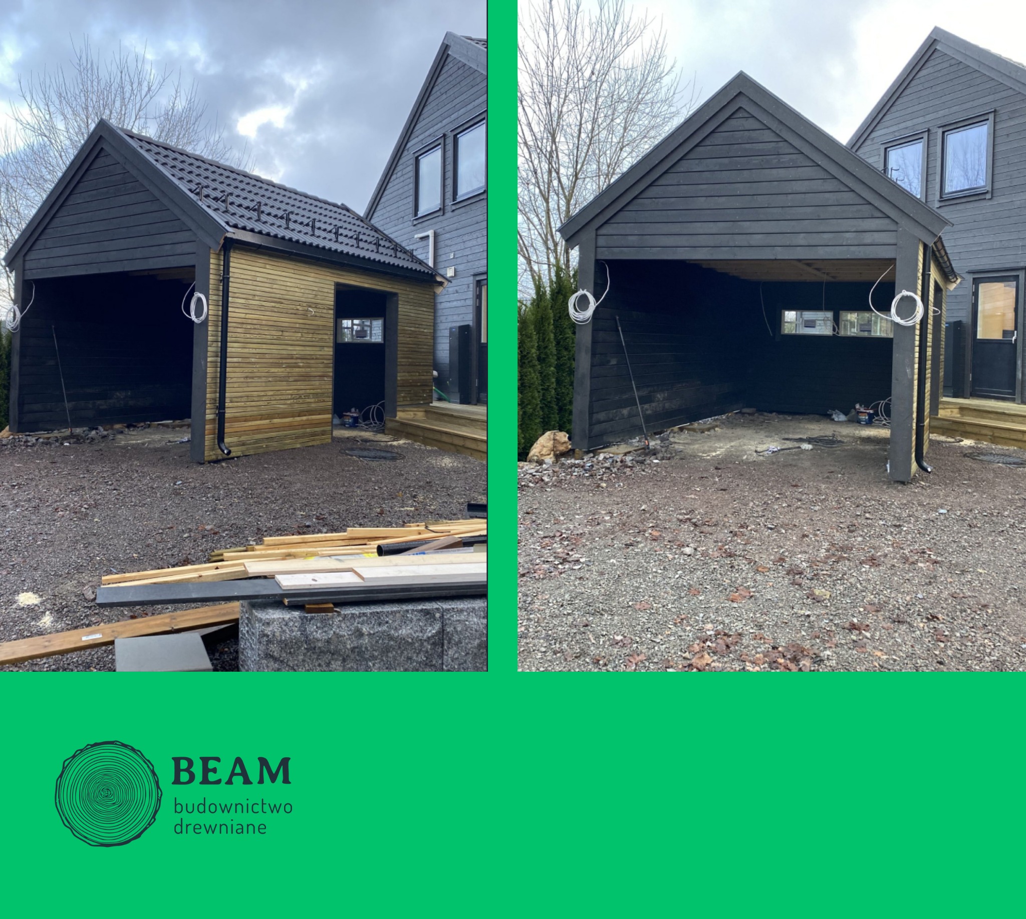 Zdjęcie 'przed i po' budowy drewnianego garażu w Brwinowie. Po lewej garaż z surowego drewna, po prawej pomalowany na czarno, dach pokryty dachówką.