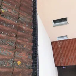 Widok z góry na dach z czerwonej dachówki ceramicznej z zamontowanymi kolcami przeciw ptakom, przylegający do ściany budynku z dwoma oknami.