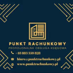 Wizytówka Punktu Rachunkowego z logo przedstawiającym budynek, numerem telefonu, adresem e-mail i stroną internetową na ciemnoniebieskim tle z geometrycznym wzorem w kolorze złotym.