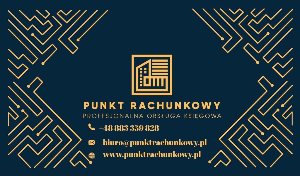Wizytówka Punktu Rachunkowego z logo przedstawiającym budynek, numerem telefonu, adresem e-mail i stroną internetową na ciemnoniebieskim tle z geometrycznym wzorem w kolorze złotym.