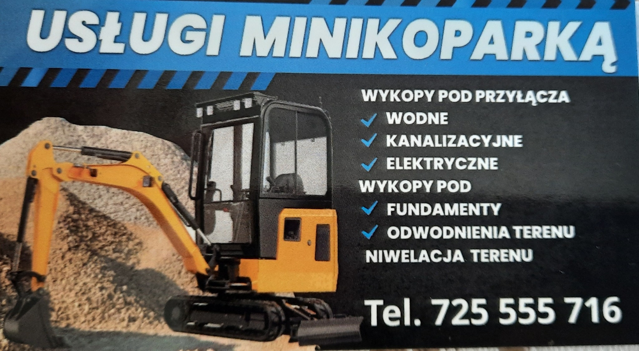 Usługi minikoparką: żółta minikoparka na tle sterty ziemi, obok wypisane rodzaje wykopów i numer telefonu. Grafika reklamowa.