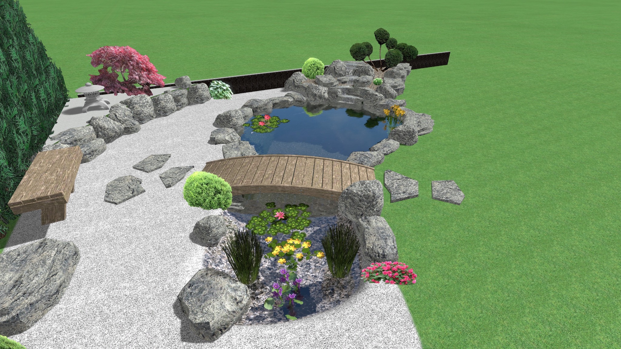 Projekt ogrodu z oczkiem wodnym, kamiennym mostkiem i ścieżką. Widok z góry ukazuje roślinność wodną, ozdobne kamienie i elementy małej architektury.