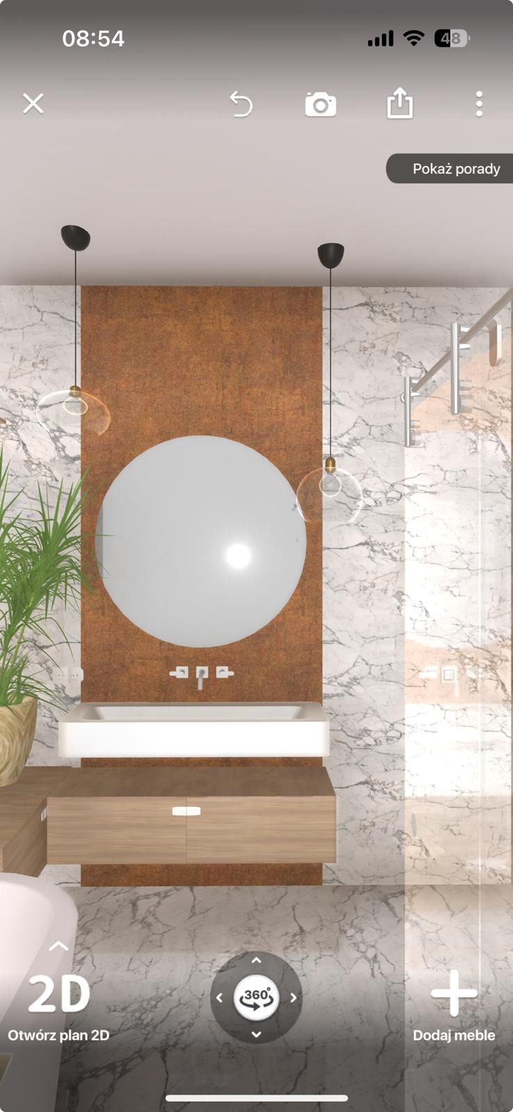 Wizualizacja łazienki: okrągłe lustro nad białą umywalką z szafką, marmurowe ściany, brązowy panel, wiszące lampy. Nowoczesny design z rośliną w tle.