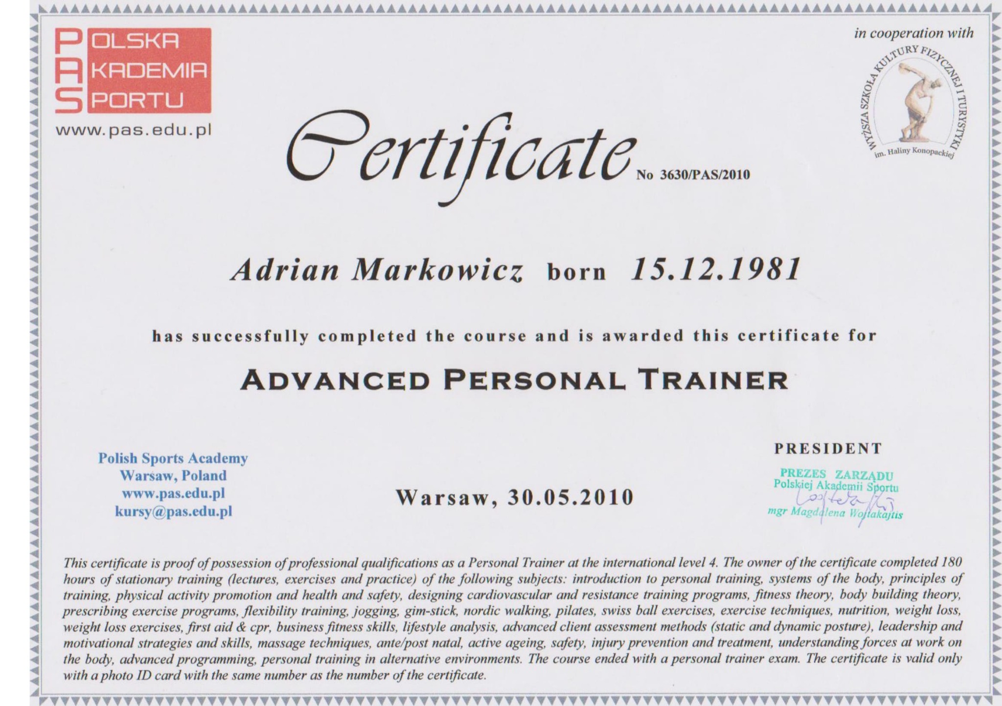 Studia uzupełniające Advanced Personal Trainer
